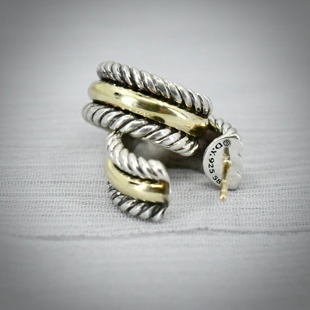 David Yurman 925 Sterling Silver 14K Gold Twisted Cable Shrimp Hoop Earrings